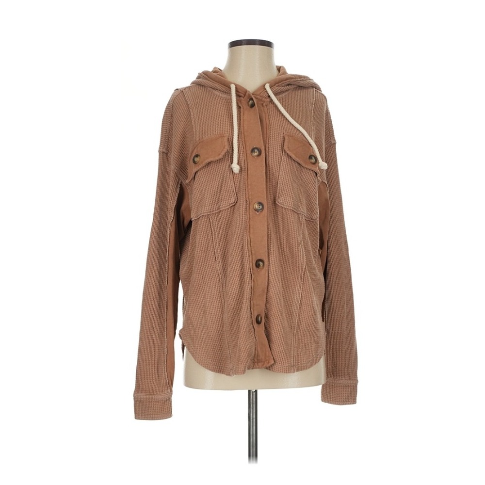 American Eagle Waffle Knit Hooded Jacket Washed Brown Button Up XXS